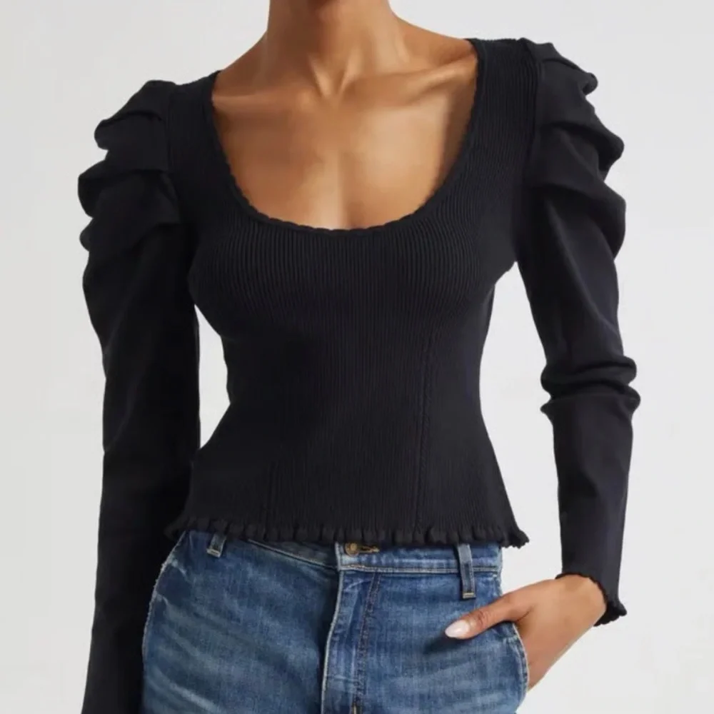 FARM Rio XL Ribbed Blouse with Ruffled Sleeves Black and Blush available - Picture 1 of 4